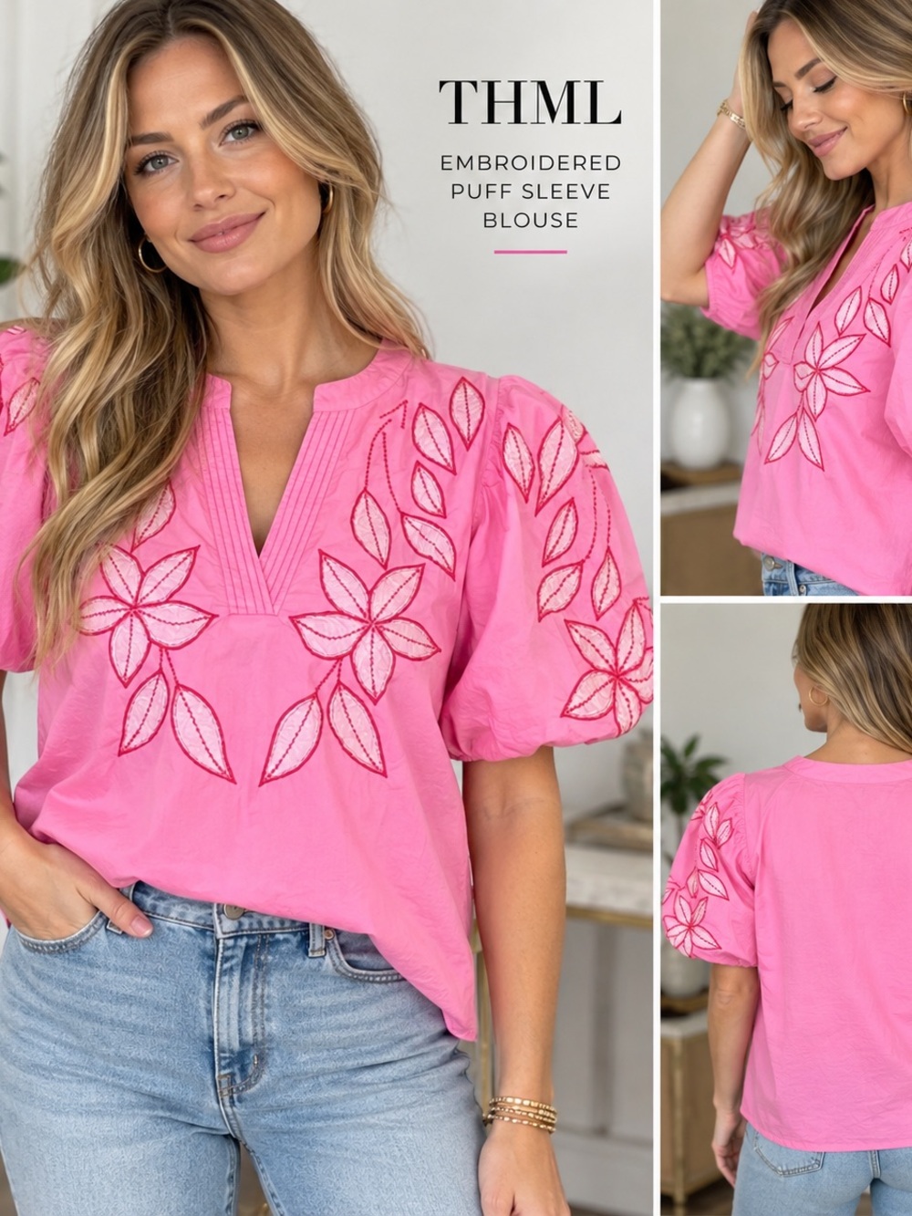 THML Pink Embroidered Puff Sleeve Blouse Floral 100% Cotton Small